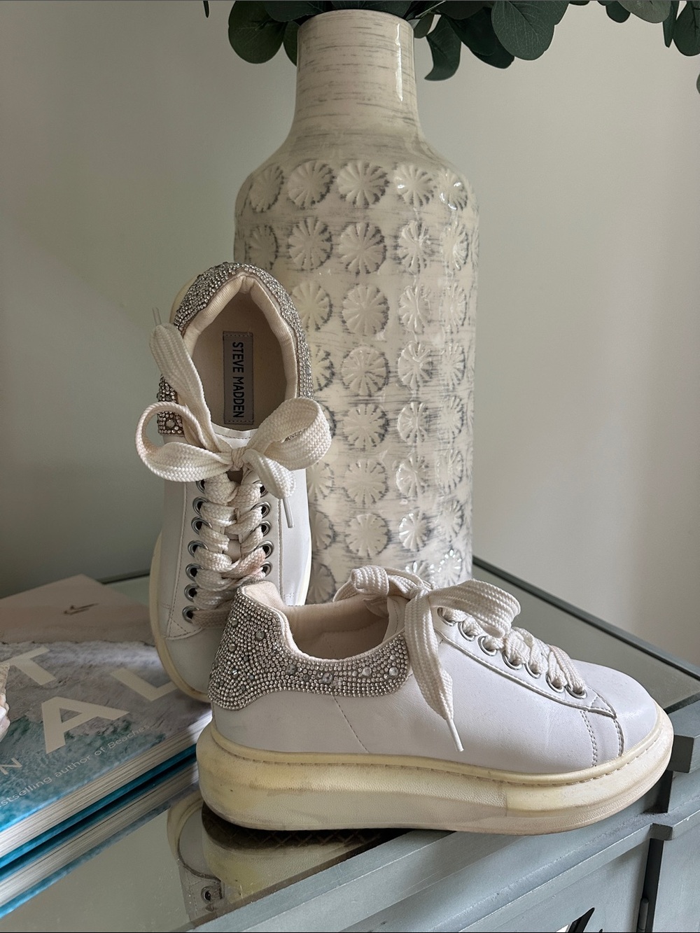Steve Madden White Diamond Embellished Platform Sneakers